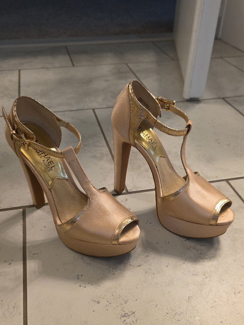 Michael Kors Metallic Rose Gold T-Strap Platform Heels